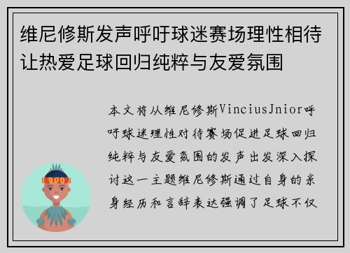 维尼修斯发声呼吁球迷赛场理性相待让热爱足球回归纯粹与友爱氛围